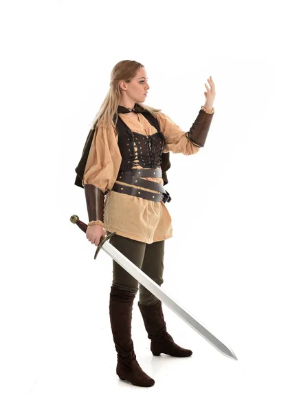 Full Length Portrait Blonde Girl Wearing Brown Medieval Warrior Costume — Stock Photo, Image