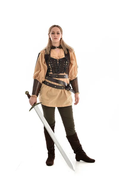 Full Length Portrait Blonde Girl Wearing Brown Medieval Warrior Costume — Stock Photo, Image