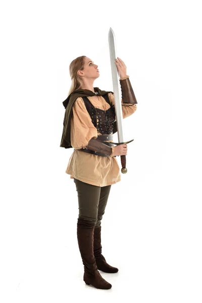 Full Length Portrait Blonde Girl Wearing Brown Medieval Warrior Costume — Stock Photo, Image