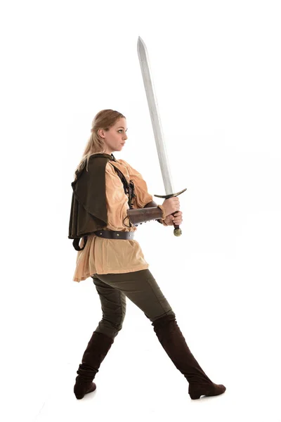 Full Length Portrait Blonde Girl Wearing Brown Medieval Warrior Costume — Stock Photo, Image