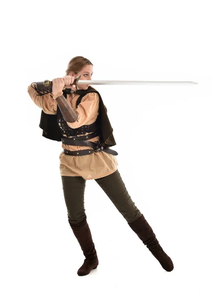 Full Length Portrait Blonde Girl Wearing Brown Medieval Warrior Costume — Stock Photo, Image