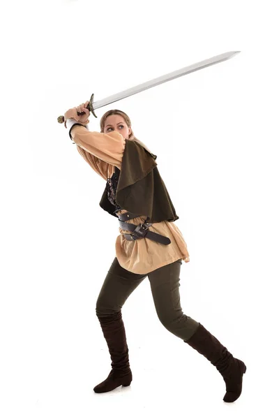 Full Length Portrait Blonde Girl Wearing Brown Medieval Warrior Costume — Stock Photo, Image
