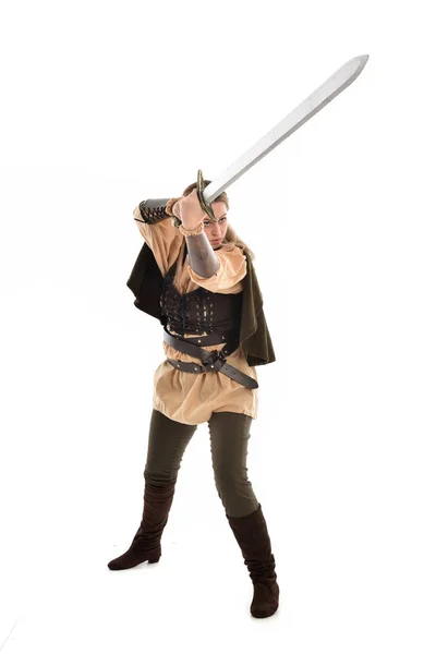 Full Length Portrait Blonde Girl Wearing Brown Medieval Warrior Costume — Stock Photo, Image