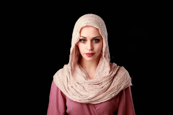 Portrait Pretty Girl Wearing Pink Headscarf Black Studio Background — Stock Photo, Image