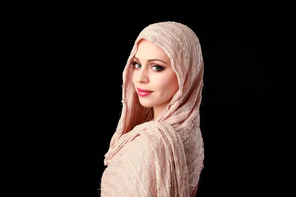 Portrait Pretty Girl Wearing Pink Headscarf Black Studio Background — Stock Photo, Image