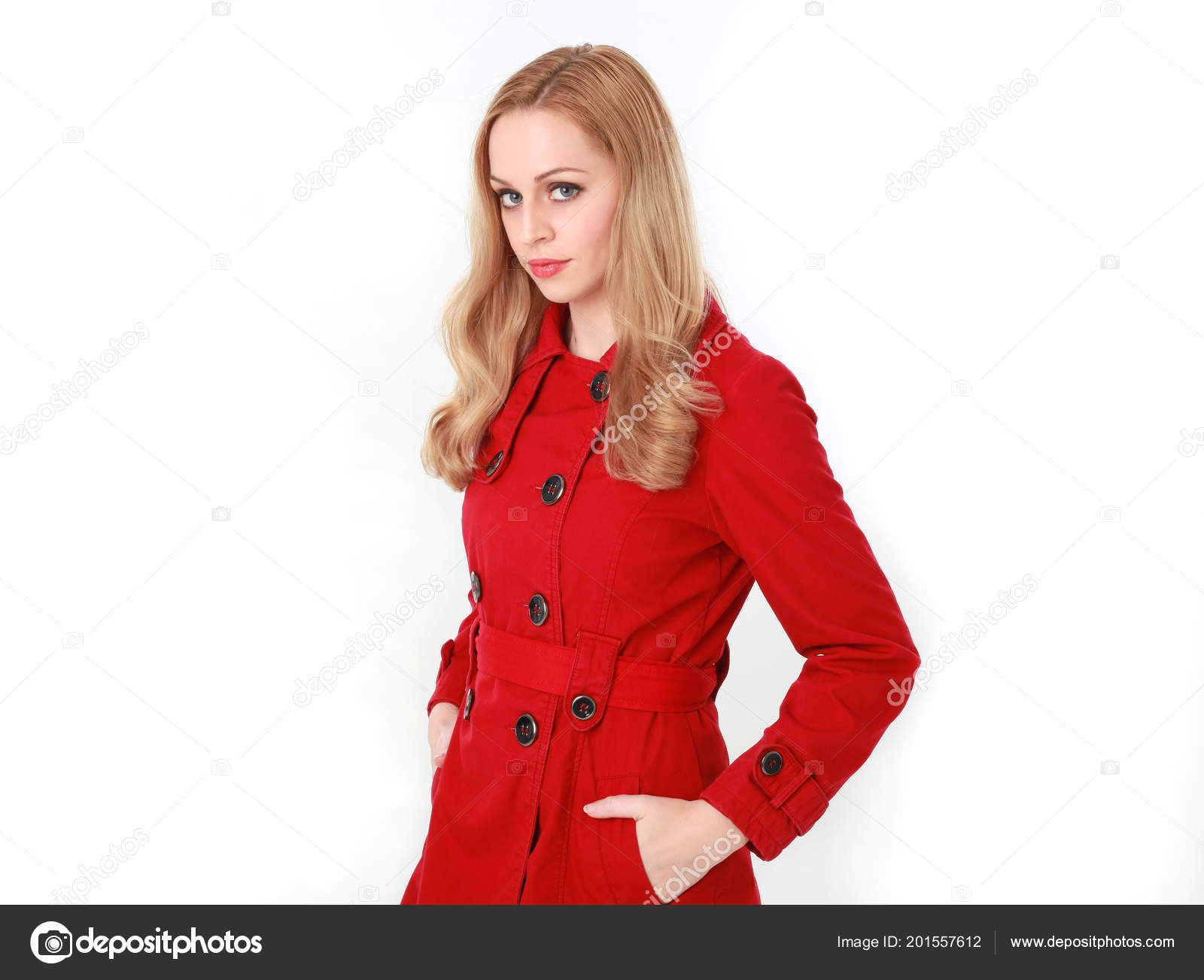 Portrait Pretty Blonde Girl Wearing Red Trench Coat Isolated White