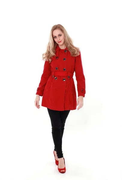 Portrait Pretty Blonde Girl Wearing Red Trench Coat Full Length — Stock Photo, Image