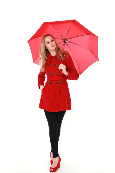 Portrait Pretty Blonde Girl Wearing Red Trench Coat Holding Umbrella — Stock Photo, Image