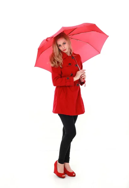 Portrait Pretty Blonde Girl Wearing Red Trench Coat Holding Umbrella — Stock Photo, Image