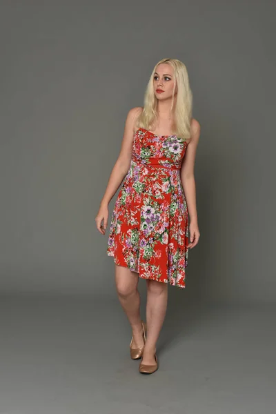 Full Length Portrait Blonde Girl Wearing Red Floral Dress Standing — Stock Photo, Image