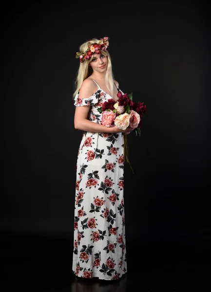 Full Length Portrait Blonde Girl Wearing Floral Dress Flower Crown — Stock Photo, Image