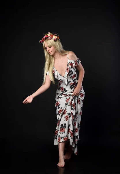 Full Length Portrait Blonde Girl Wearing Floral Dress Flower Crown — Stock Photo, Image