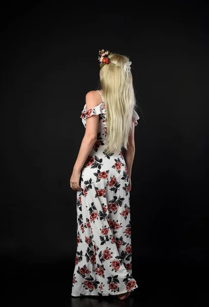 Full Length Portrait Blonde Girl Wearing Floral Dress Standing Pose — Stock Photo, Image