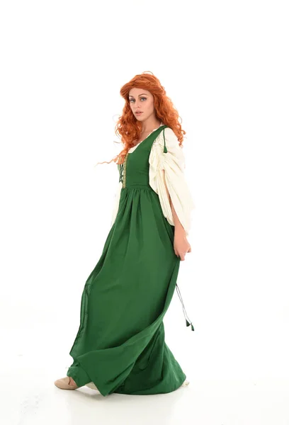 Full Length Portrait Red Haired Girl Wearing Green Medieval Gown — Stock Photo, Image