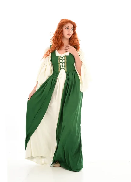 Full Length Portrait Red Haired Girl Wearing Green Medieval Gown — Stock Photo, Image