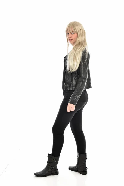 Full Length Portrait Blonde Girl Wearing Black Leather Clothes Standing — Stock Photo, Image