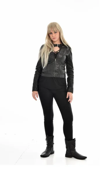 Full Length Portrait Blonde Girl Wearing Black Leather Clothes Standing — Stock Photo, Image