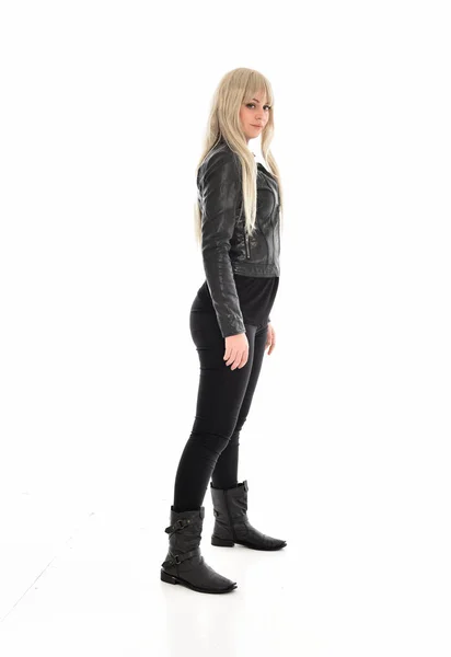 Full Length Portrait Blonde Girl Wearing Black Leather Outfit