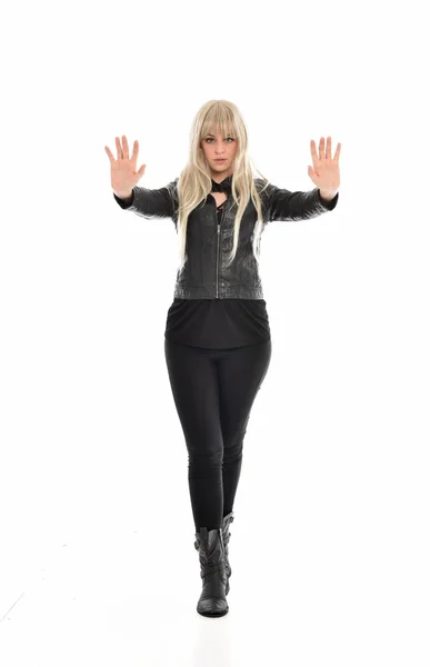 Full Length Portrait Blonde Girl Wearing Black Leather Clothes Standing — Stock Photo, Image