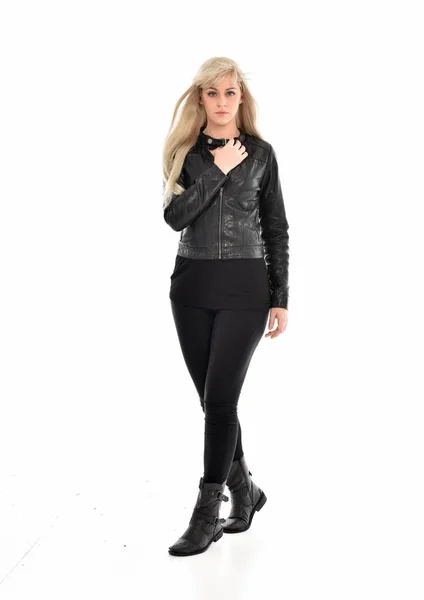 Full Length Portrait Blonde Girl Wearing Black Leather Clothes Standing — Stock Photo, Image