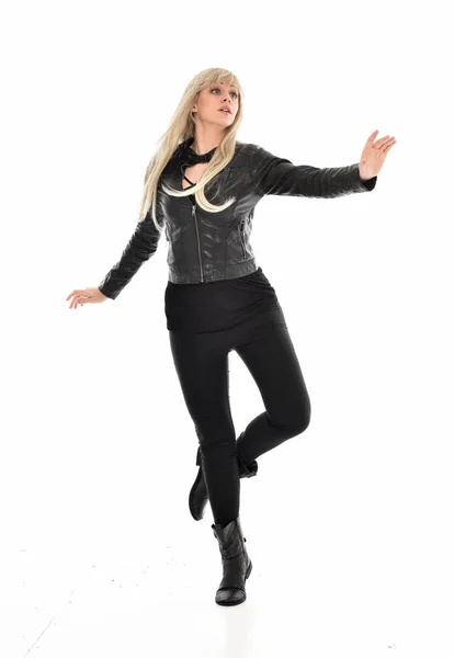 Full Length Portrait Blonde Girl Wearing Black Leather Clothes Standing — Stock Photo, Image