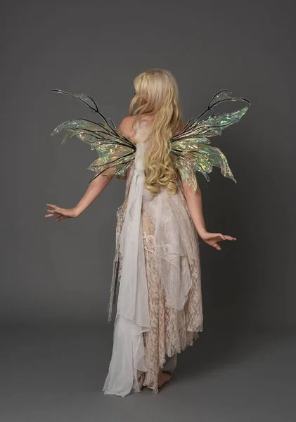 Full Length Portrait Blonder Wearing Fairy Costume Standing Pose Back — Stock Photo, Image