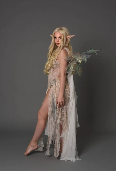 Full Length Portrait Blonder Wearing Fairy Costume Standing Pose Back — Stock Photo, Image