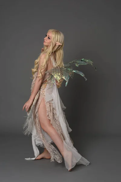 Full Length Portrait Blonder Wearing Fairy Costume Standing Pose Back — Stock Photo, Image