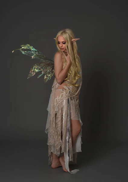 Full Length Portrait Blonde Girl Wearing Fantasy Fairy Costume Standing — Stock Photo, Image