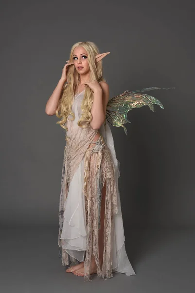 full length portrait blonde girl wearing fantasy fairy costume, standing pose. grey studio background.