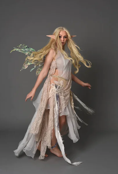full length portrait blonde girl wearing fantasy fairy costume, standing pose. grey studio background.