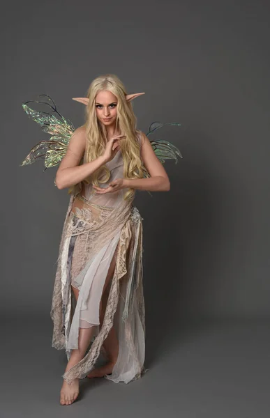 Full Length Portrait Blonde Girl Wearing Fantasy Fairy Costume Standing — Stock Photo, Image