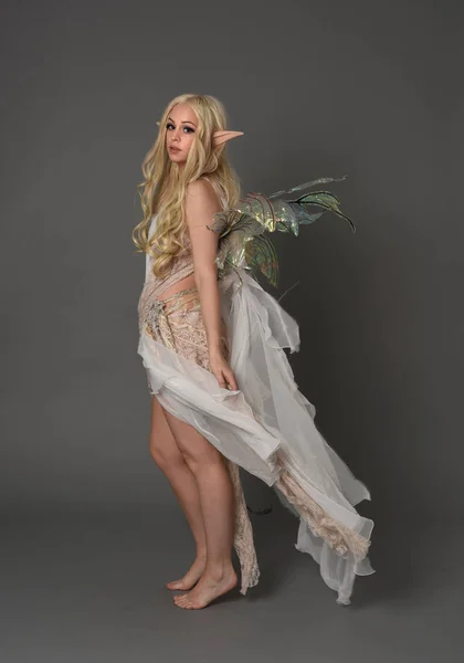 full length portrait blonde girl wearing fantasy fairy costume, standing pose. grey studio background.