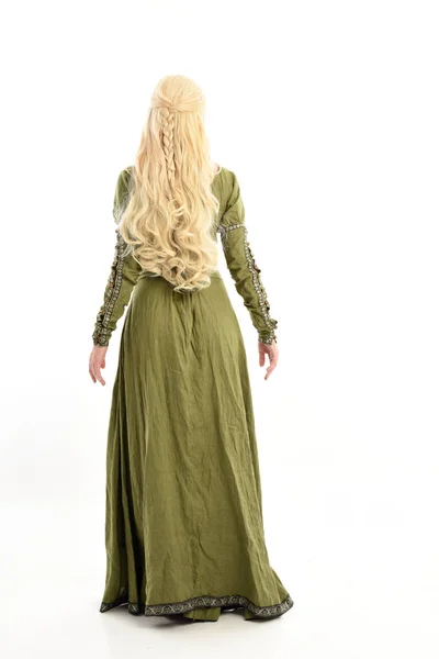 Full Length Portrait Blonde Girl Wearing Green Medieval Gown Standing — Stock Photo, Image
