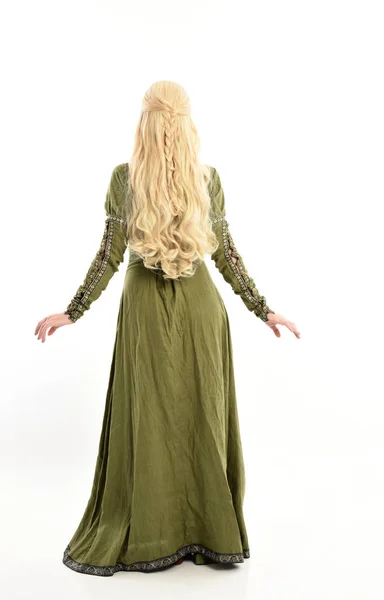 Full Length Portrait Blonde Girl Wearing Green Medieval Gown Standing — Stock Photo, Image