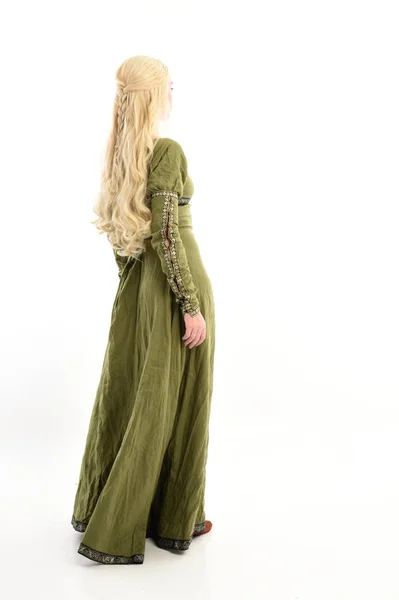 Full Length Portrait Blonde Girl Wearing Green Medieval Gown Standing — Stock Photo, Image