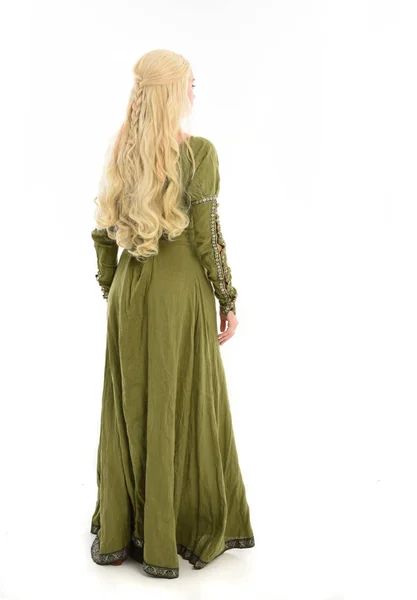 Full Length Portrait Blonde Girl Wearing Green Medieval Gown Standing — Stock Photo, Image