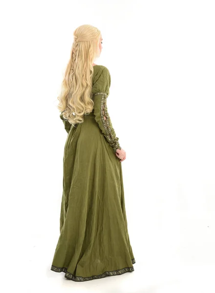 Full Length Portrait Blonde Girl Wearing Green Medieval Gown Standing — Stock Photo, Image