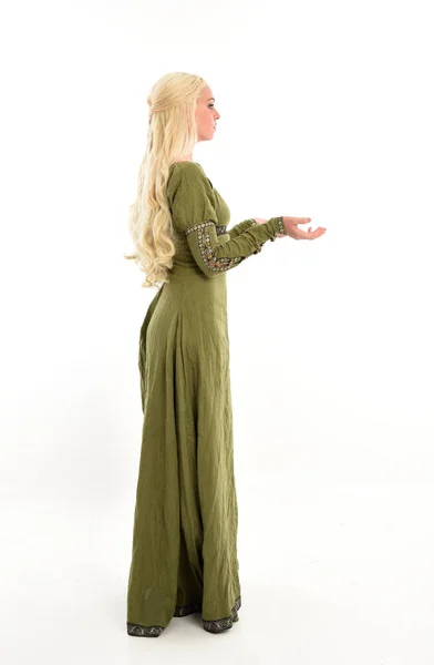 Портрет Девушки Зеленом Средневековом Платье Стоящей Боковом Профиле Изолированные Белом — стоковое фото