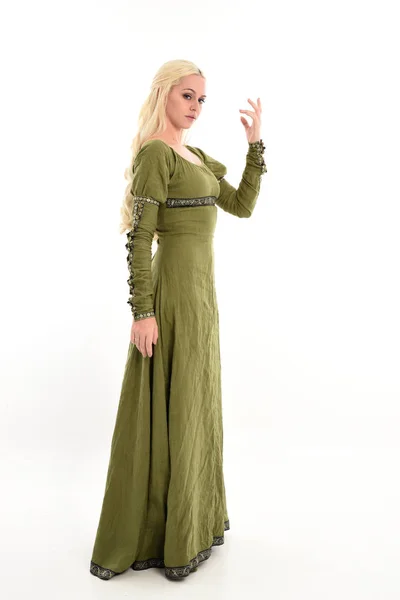 Full Length Portrait Girl Wearing Green Medieval Gown Standing Pose — Stock Photo, Image