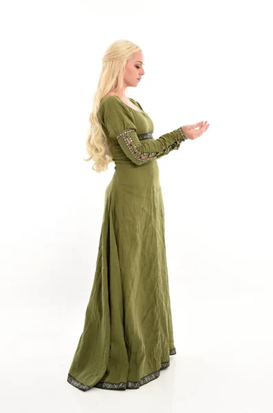 Full Length Portrait Girl Wearing Green Medieval Gown Standing Pose — Stock Photo, Image