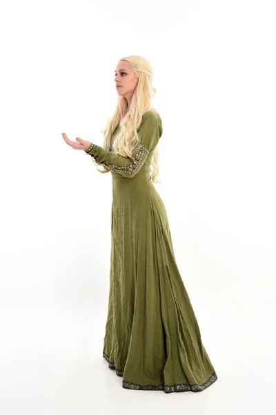 横顔の立ちポーズ 中世のグリーンのドレスを着ている少女の完全な長さの肖像画 ホワイト スタジオの背景に分離 — ストック写真