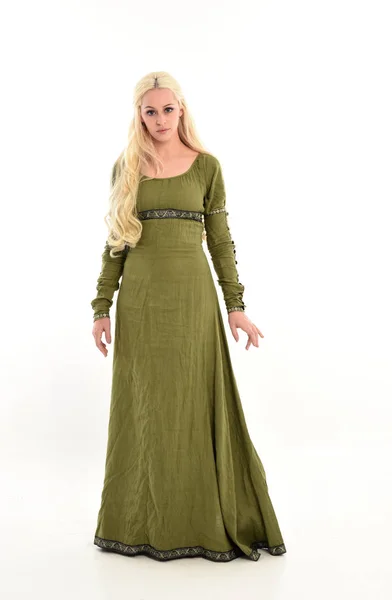 Full Length Portrait Blonde Girl Wearing Long Green Medieval Gown — Stock Photo, Image