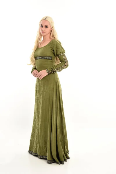 Full Length Portrait Blonde Girl Wearing Long Green Medieval Gown — Stock Photo, Image