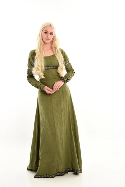 Full Length Portrait Blonde Girl Wearing Long Green Medieval Gown — Stock Photo, Image