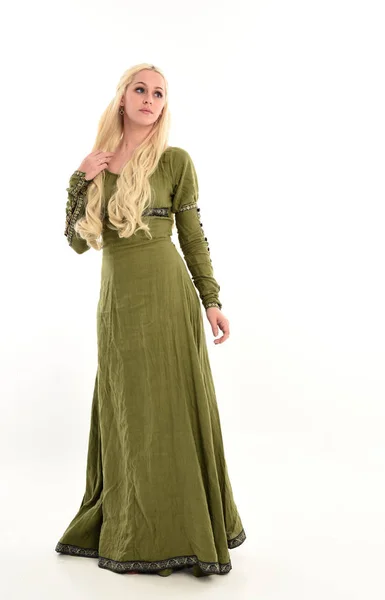 Full Length Portrait Blonde Girl Wearing Long Green Medieval Gown — Stock Photo, Image