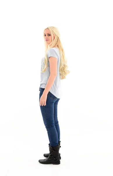 Full Length Portrait Blonde Girl Wearing Casual Blue Shirt Jeans — Stock Photo, Image