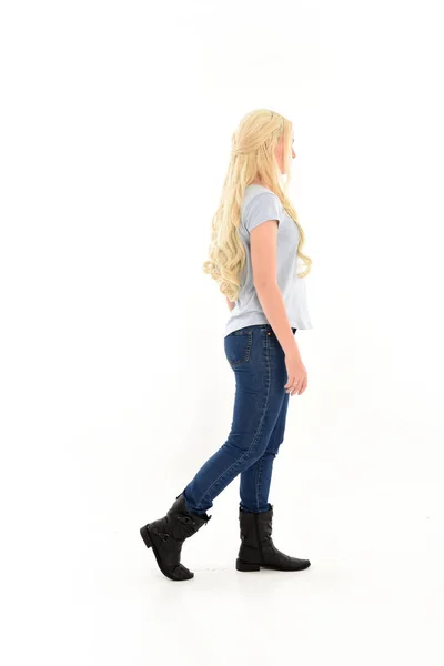 Full Length Portrait Blonde Girl Wearing Casual Blue Shirt Jeans — Stock Photo, Image