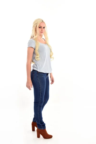 Full Length Portrait Blonde Girl Wearing Blue Shirt Standing Pose — Stock Photo, Image