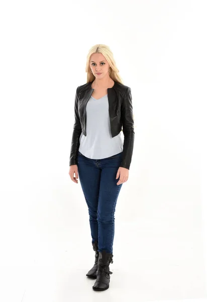 Full Length Portrait Blonde Girl Wearing Leather Jacket Jeans Standing — Stock Photo, Image